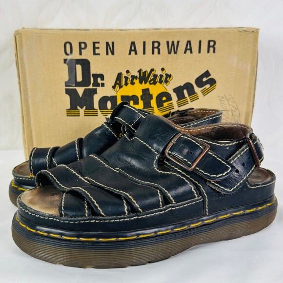 Y2K Dr Martens Made In England Black Grizzly Interlocking Apron Sandals Womens 8 - Picture 1 of 15
